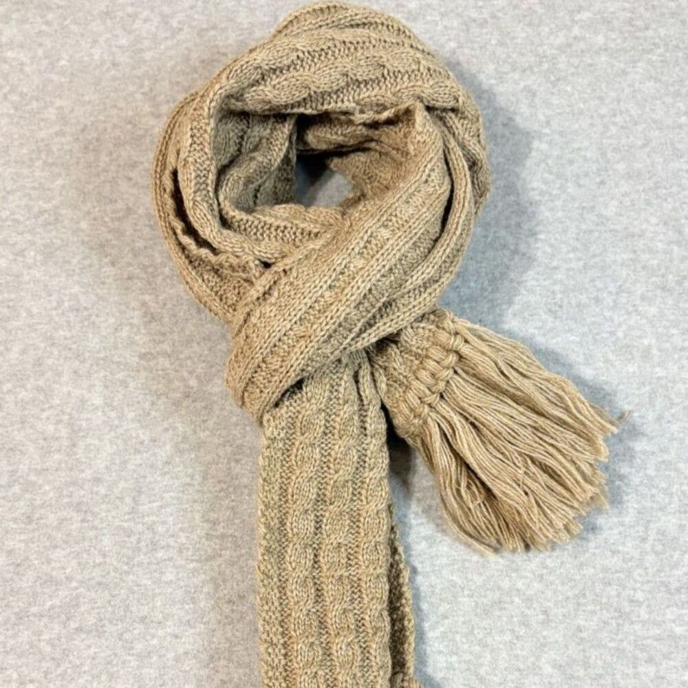 Isotoner Cable Knit Scarf Tan Beige 100% Acrylic Fringe Winter Cozy